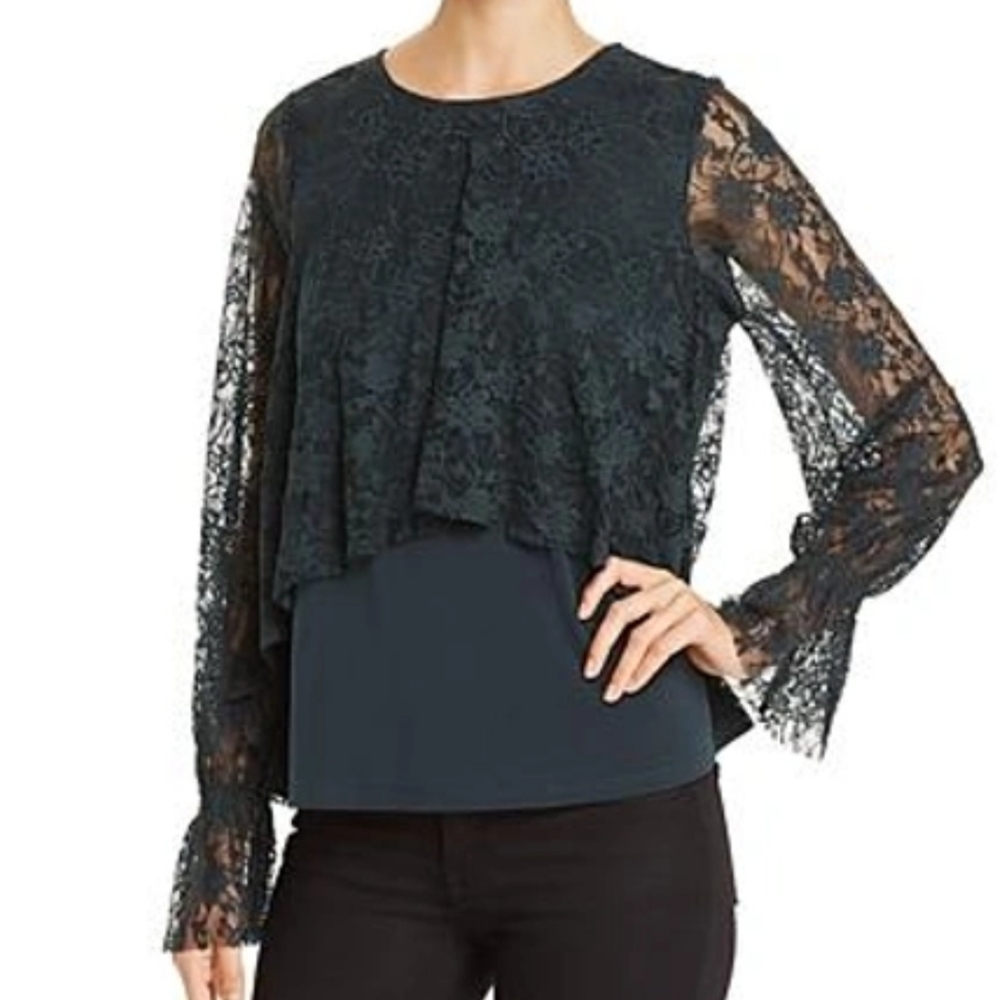 Pointelle Tuscan Kale Lace Overlay Blouse Size Small